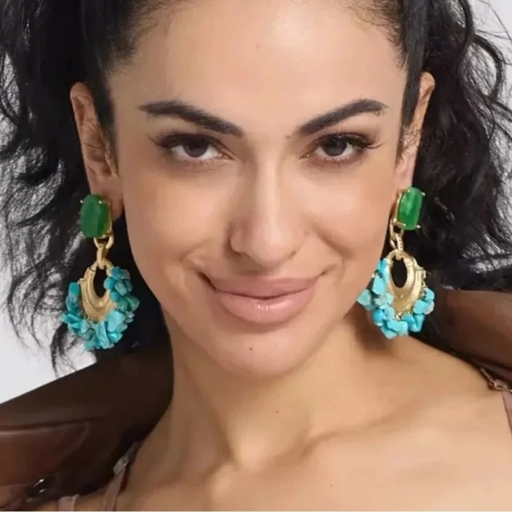 NEW Summer 
Anthropologie Turquoise Beaded Druzy Hoop Earrings - Picture 3 of 7